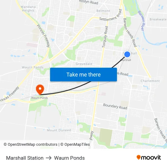 Marshall Station to Waurn Ponds map