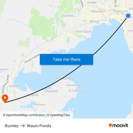 Burnley to Waurn Ponds map