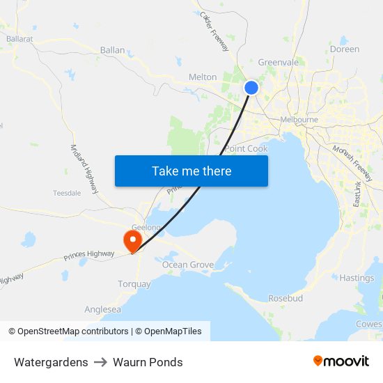 Watergardens to Waurn Ponds map