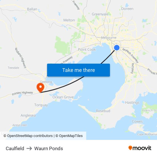 Caulfield to Waurn Ponds map