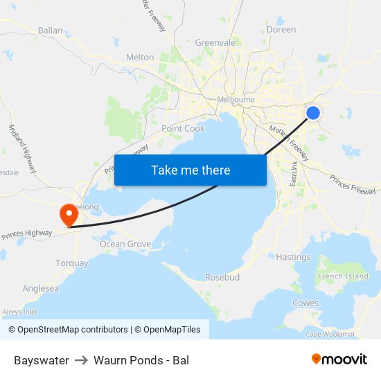 Bayswater to Waurn Ponds - Bal map