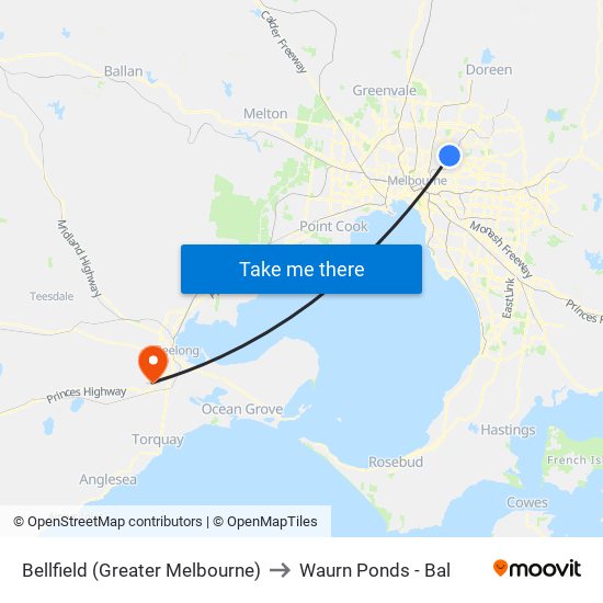 Bellfield (Greater Melbourne) to Waurn Ponds - Bal map