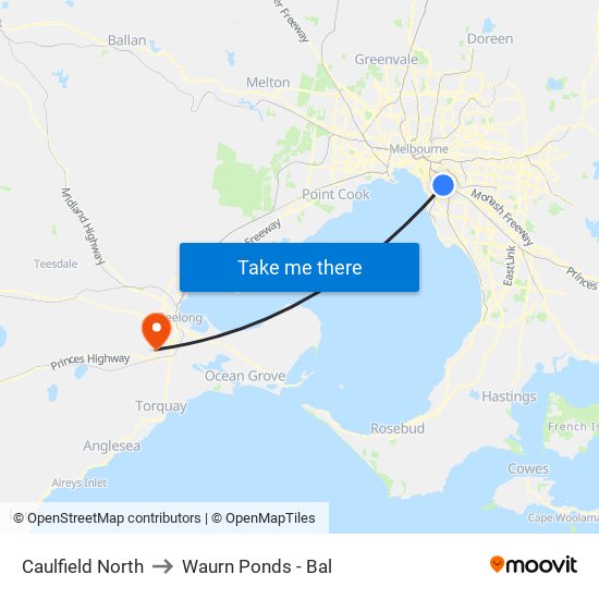 Caulfield North to Waurn Ponds - Bal map