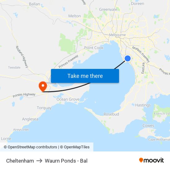 Cheltenham to Waurn Ponds - Bal map