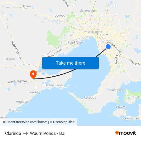 Clarinda to Waurn Ponds - Bal map