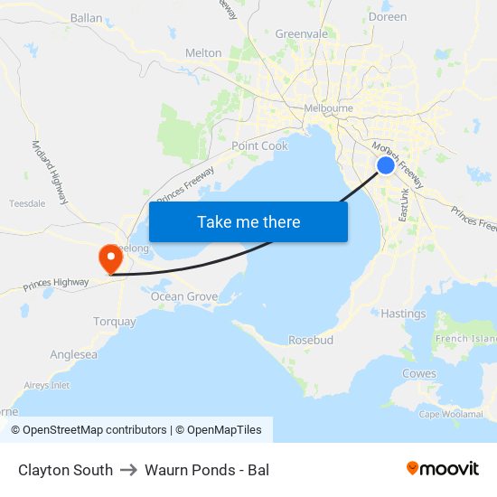 Clayton South to Waurn Ponds - Bal map