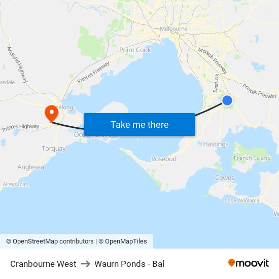 Cranbourne West to Waurn Ponds - Bal map