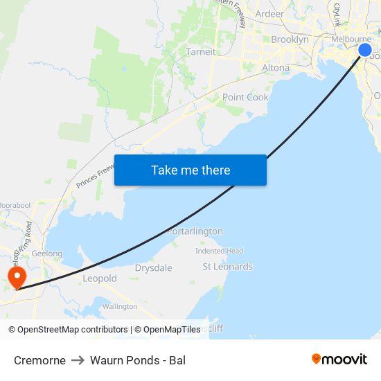 Cremorne to Waurn Ponds - Bal map