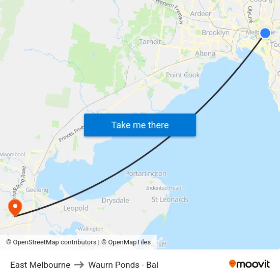 East Melbourne to Waurn Ponds - Bal map