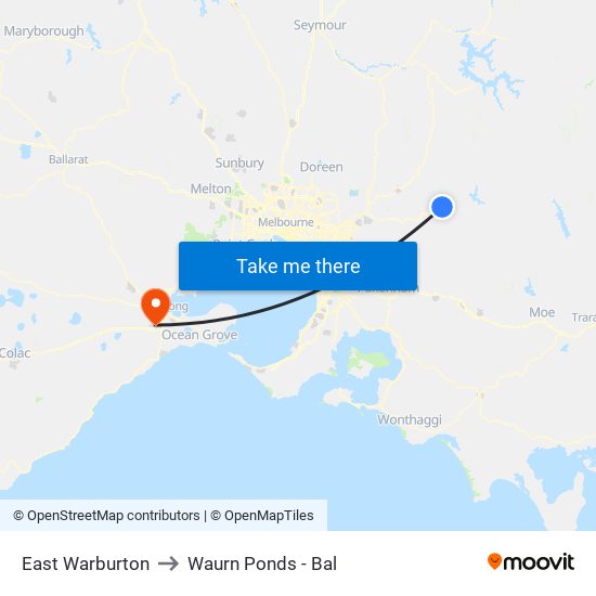 East Warburton to Waurn Ponds - Bal map