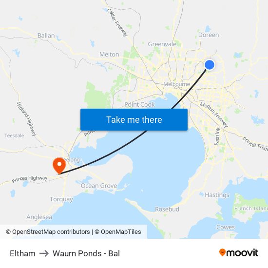 Eltham to Waurn Ponds - Bal map