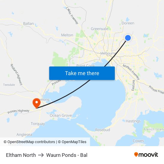 Eltham North to Waurn Ponds - Bal map