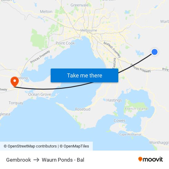 Gembrook to Waurn Ponds - Bal map