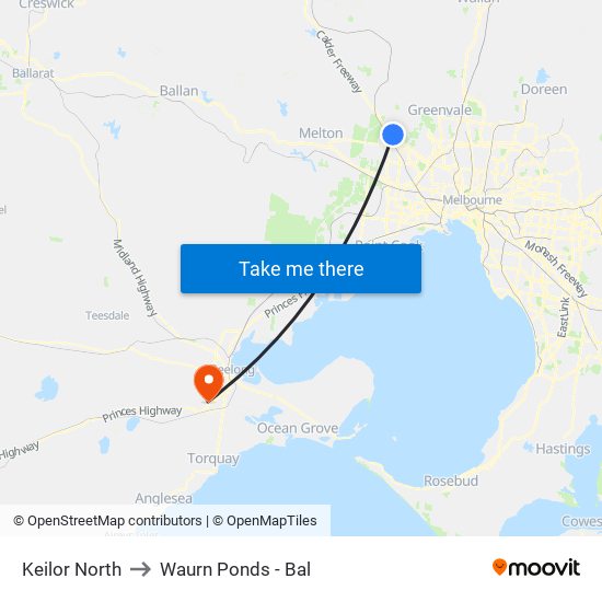 Keilor North to Waurn Ponds - Bal map