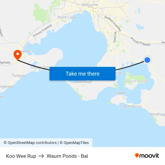 Koo Wee Rup to Waurn Ponds - Bal map