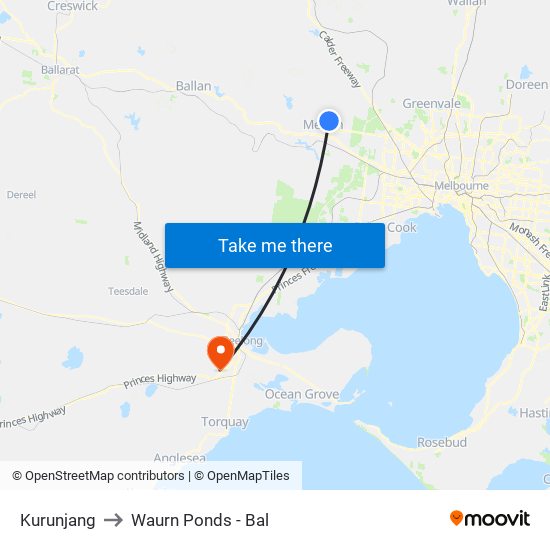 Kurunjang to Waurn Ponds - Bal map