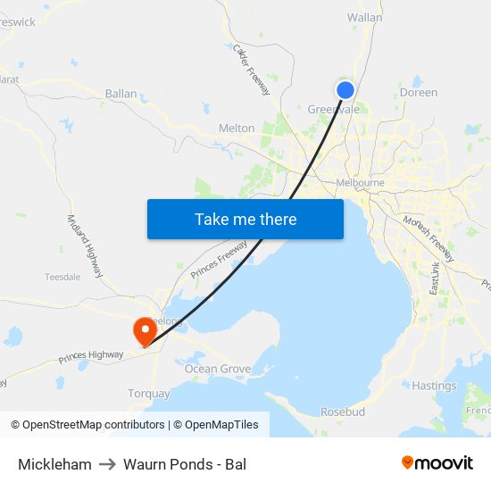 Mickleham to Waurn Ponds - Bal map