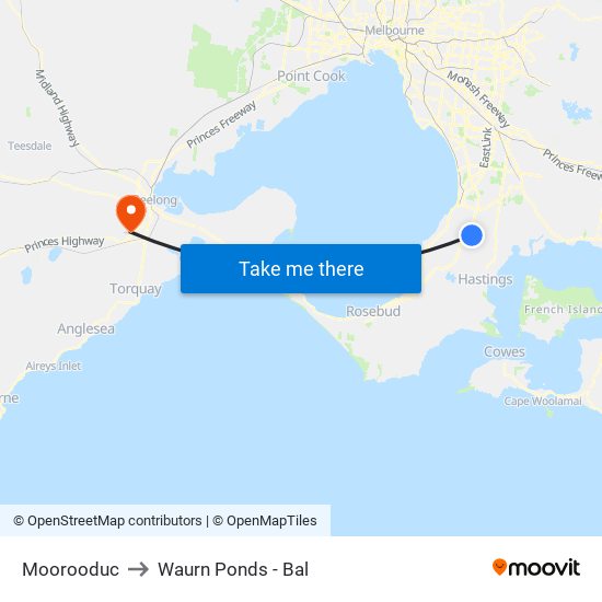 Moorooduc to Waurn Ponds - Bal map