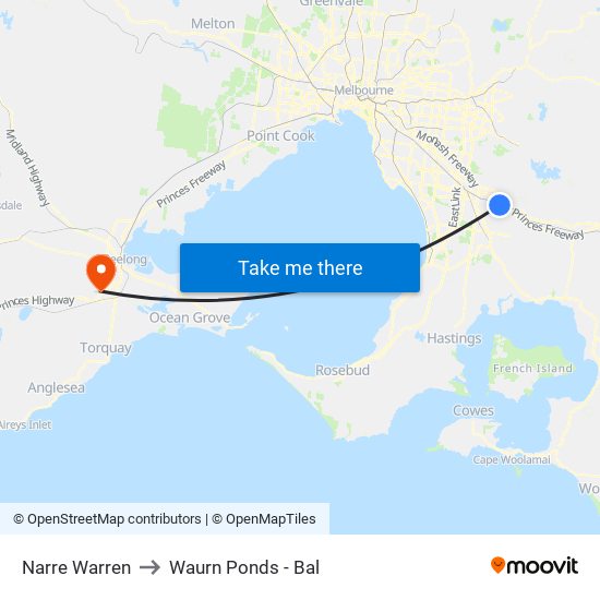 Narre Warren to Waurn Ponds - Bal map