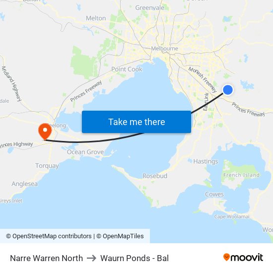 Narre Warren North to Waurn Ponds - Bal map