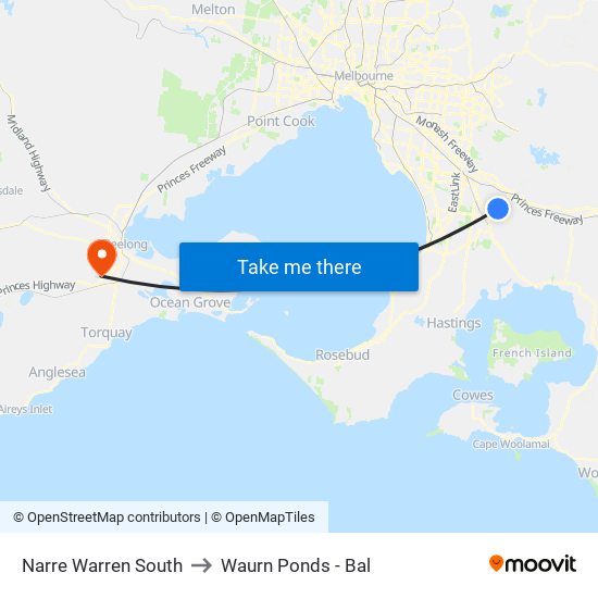 Narre Warren South to Waurn Ponds - Bal map