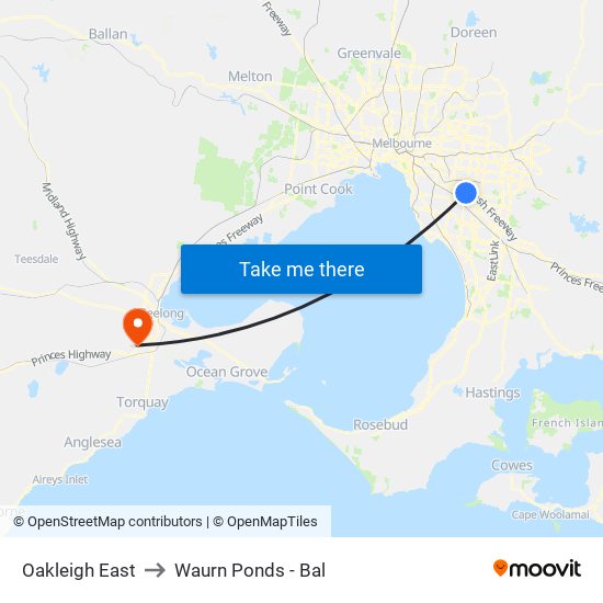 Oakleigh East to Waurn Ponds - Bal map