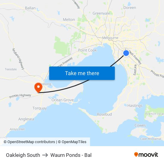 Oakleigh South to Waurn Ponds - Bal map