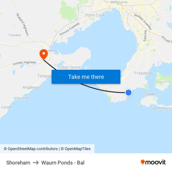 Shoreham to Waurn Ponds - Bal map