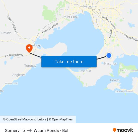 Somerville to Waurn Ponds - Bal map