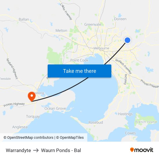 Warrandyte to Waurn Ponds - Bal map