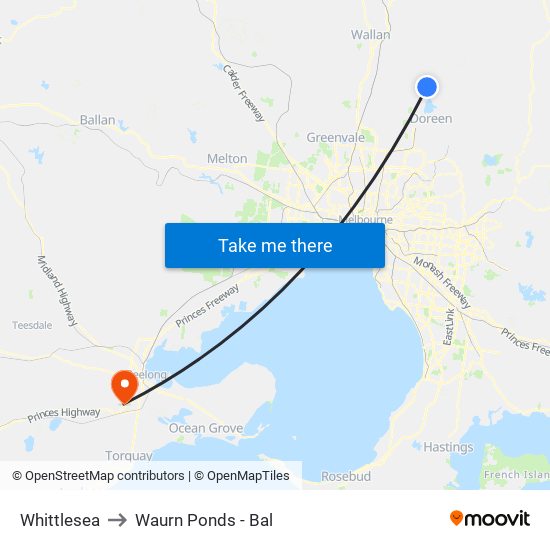 Whittlesea to Waurn Ponds - Bal map