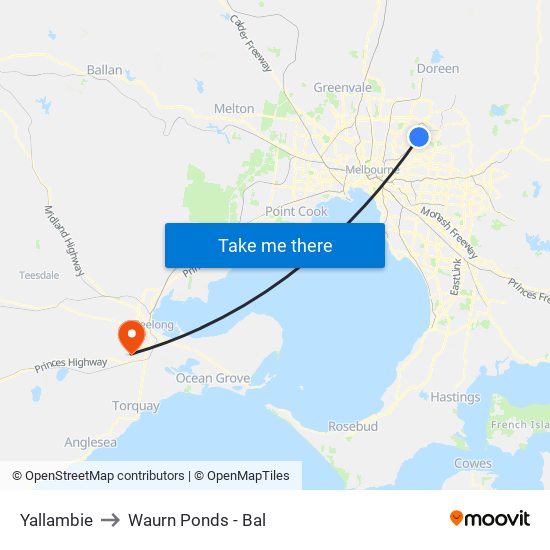 Yallambie to Waurn Ponds - Bal map