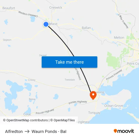 Alfredton to Waurn Ponds - Bal map
