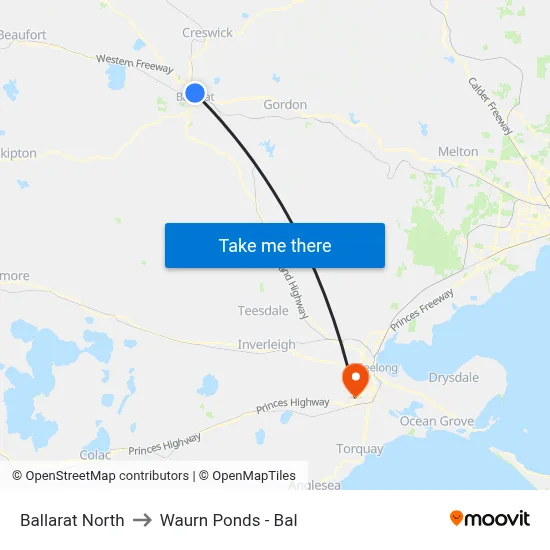 Ballarat North to Waurn Ponds - Bal map