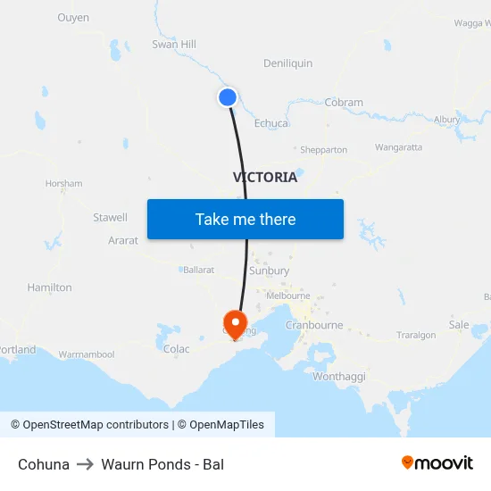 Cohuna to Waurn Ponds - Bal map