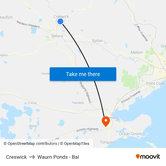 Creswick to Waurn Ponds - Bal map