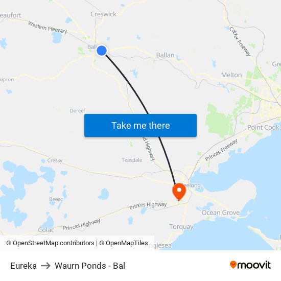 Eureka to Waurn Ponds - Bal map