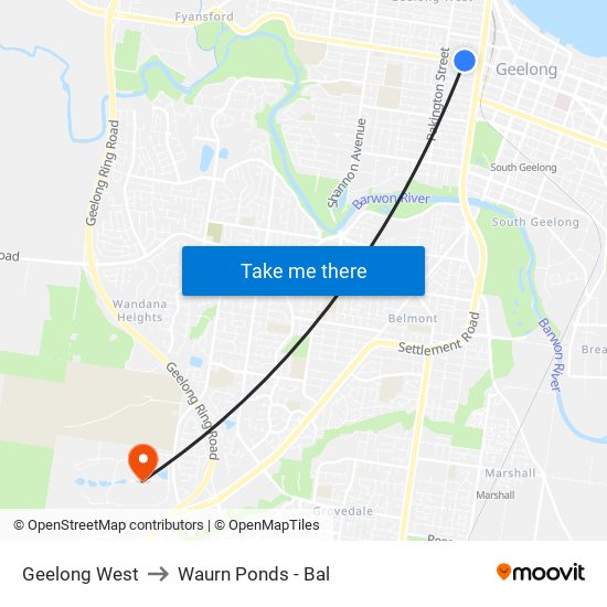 Geelong West to Waurn Ponds - Bal map