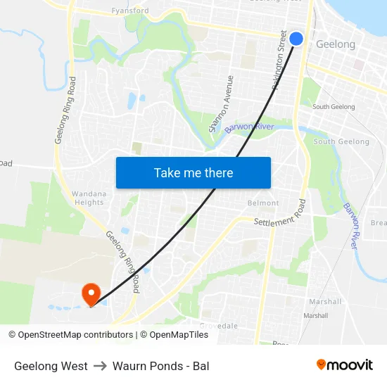 Geelong West to Waurn Ponds - Bal map