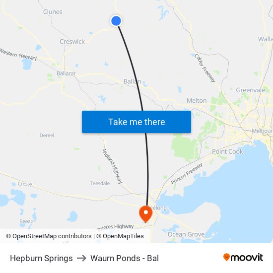 Hepburn Springs to Waurn Ponds - Bal map