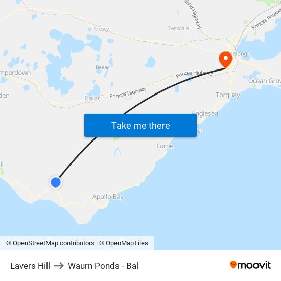 Lavers Hill to Waurn Ponds - Bal map