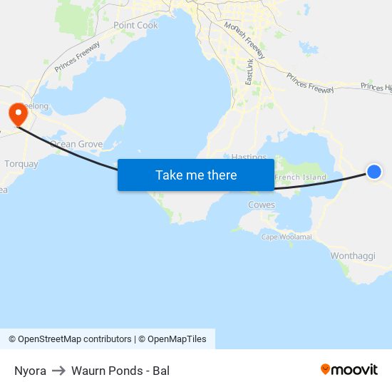 Nyora to Waurn Ponds - Bal map