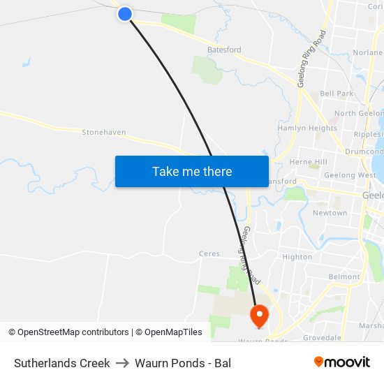 Sutherlands Creek to Waurn Ponds - Bal map