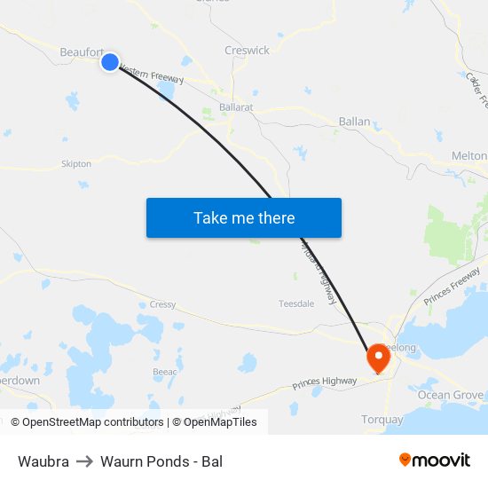 Waubra to Waurn Ponds - Bal map