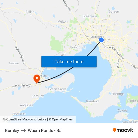 Burnley to Waurn Ponds - Bal map