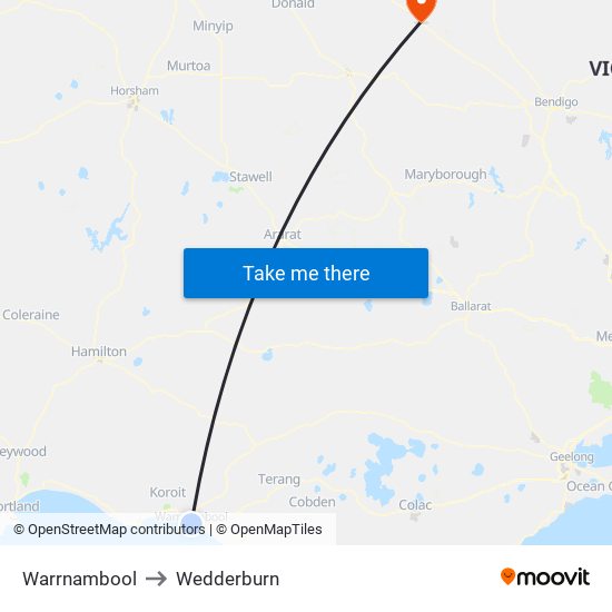 Warrnambool to Wedderburn map