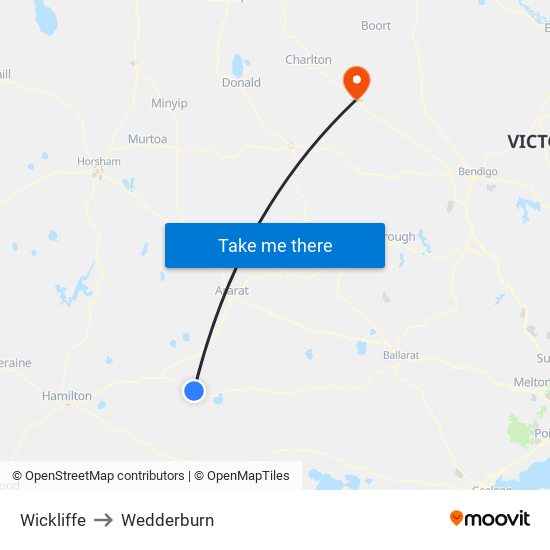 Wickliffe to Wedderburn map