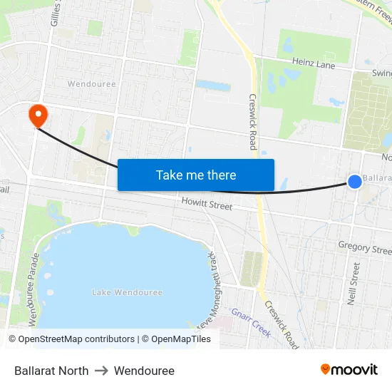 Ballarat North to Wendouree map
