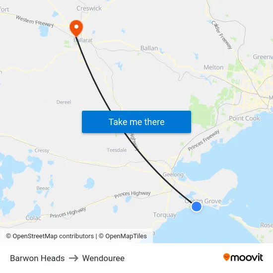 Barwon Heads to Wendouree map