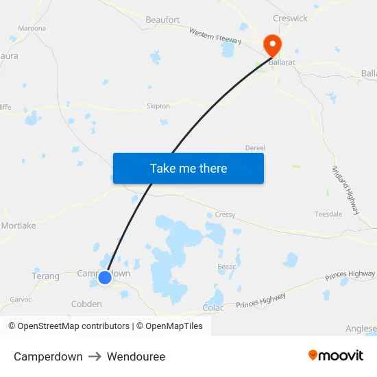 Camperdown to Wendouree map